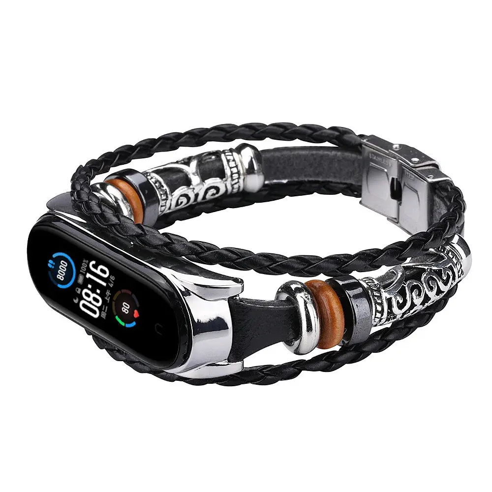 Ремешок винтажный Carprie для фитнес-браслета Xiaomi Mi Band 5 и 6 Type A Black silver - фото 3