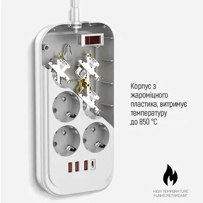 Мережевий фільтр живлення ColorWay (CW-CHE64PDW), 6 розеток/4USB 2M (CW-CHE64PDW) - фото 9