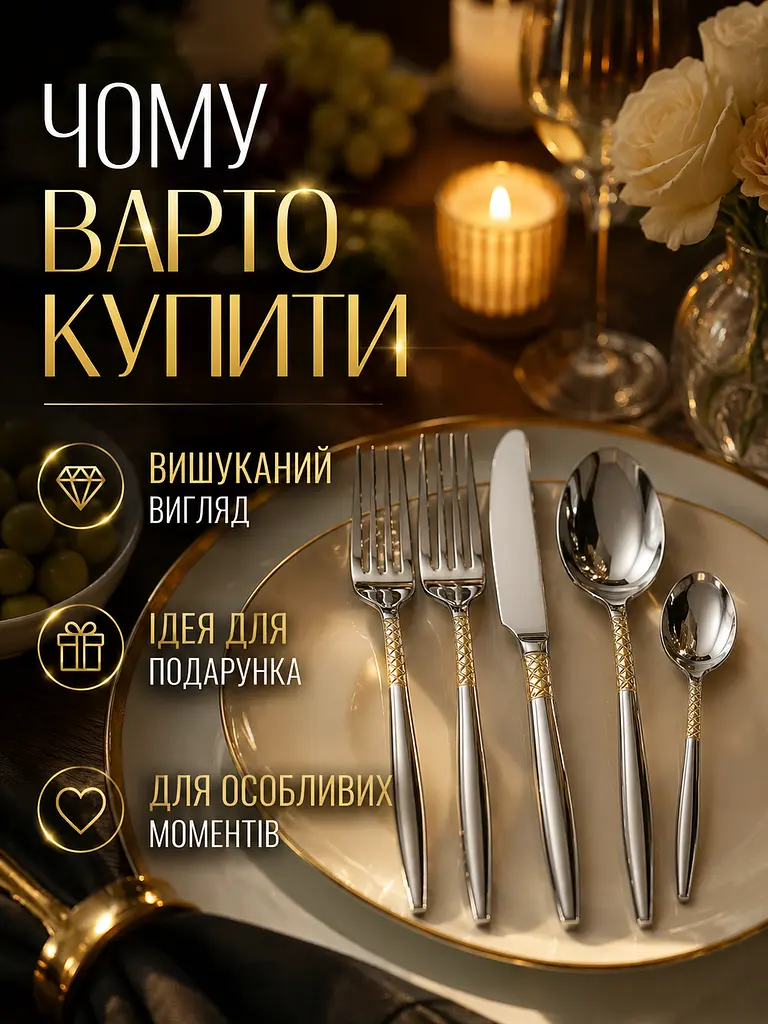 Набір столових приборів 20 предметів з нержавіючої сталі із золотим візерунком (49676069) - фото 7