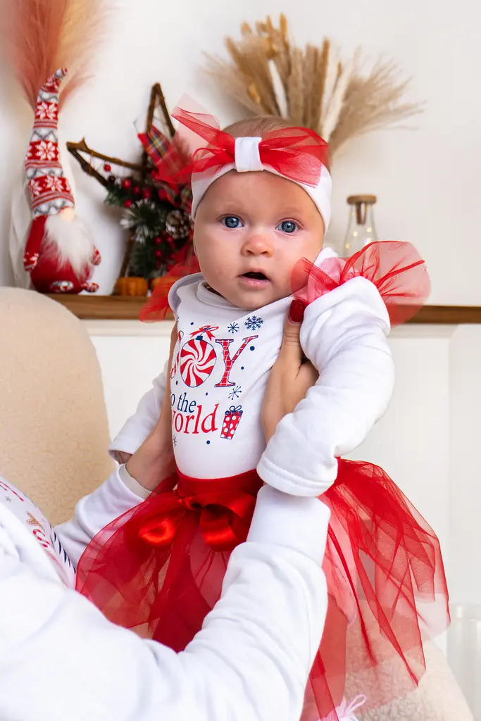 Новорічний святковий комплект для дівчинки 3 в 1 Joy to the World – боді з фатіновою спідницею та пов’язкою - фото 2