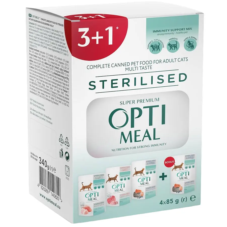 Вологий корм для стерилізованих котів Optimeal Adult Cats Sterilised Multi Taste набір асорті смаків (4 x 85 г)