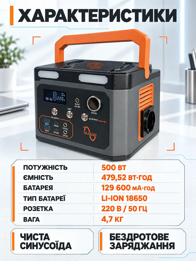 Портативна зарядна станція 500 Вт 479 Вт-год для дому та кемпінгу сіро-помаранчева (37261133) - фото 8