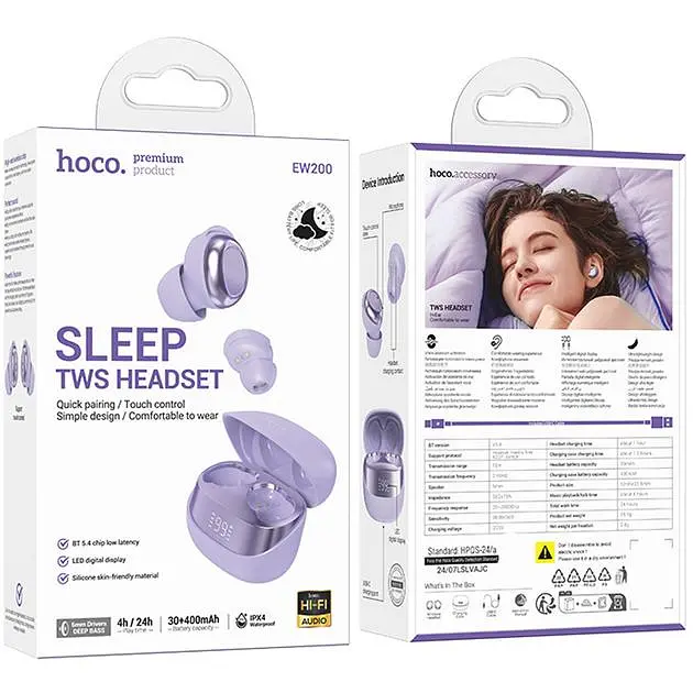 Беспроводные наушники Hoco EW200 Elegant true wireless sleep BT headset IPX4, BT5.4, 30mAh, 400mAh, 4h, purple - фото 3