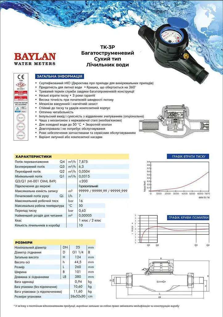 Лічильник холодної води Baylan ТК-3Р пластиковий R200 DN25 під імпульсний вихід зі штуцерами 30412 - фото 4