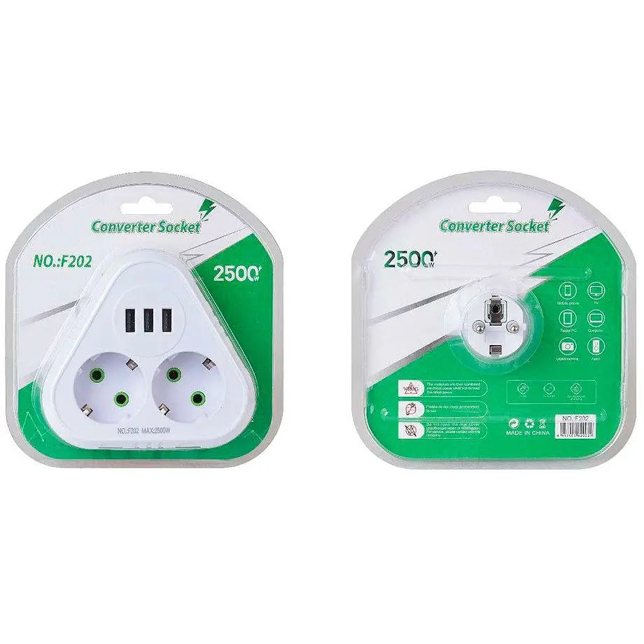 Розетка-подрібнювач із заземленням Voltronic F-202 White, 2 розетки+3USB (1А), 2500W, 10A, 110-250V - фото 2