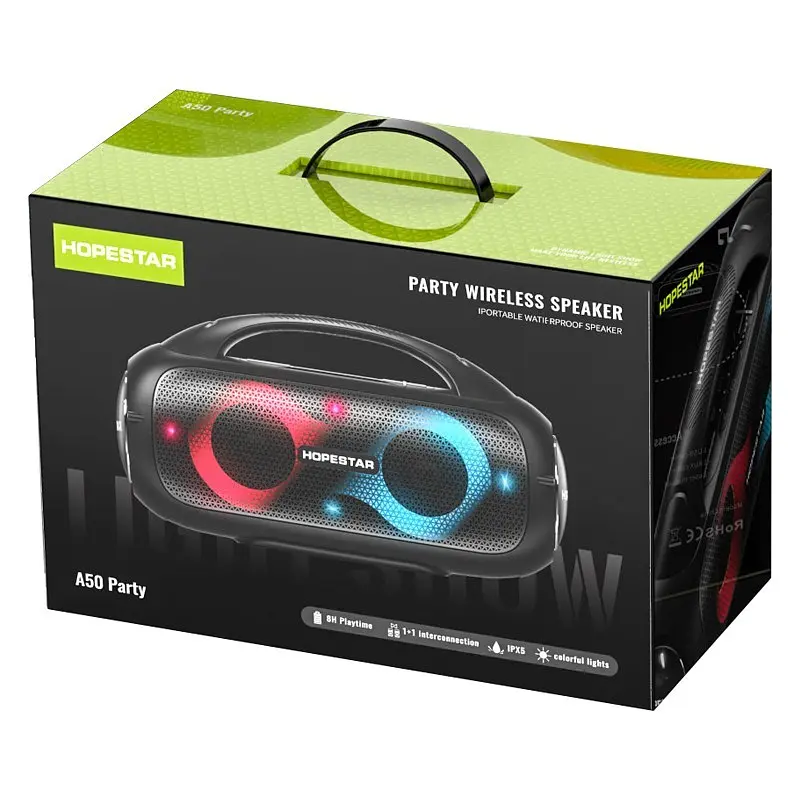 Бездротова акумуляторна Bluetooth колонка BT5.0 бумбокс 80W TWS AUX/TF/USB 8h IPX5 LED RGB підсвічування Hopestar A50 Party - фото 10