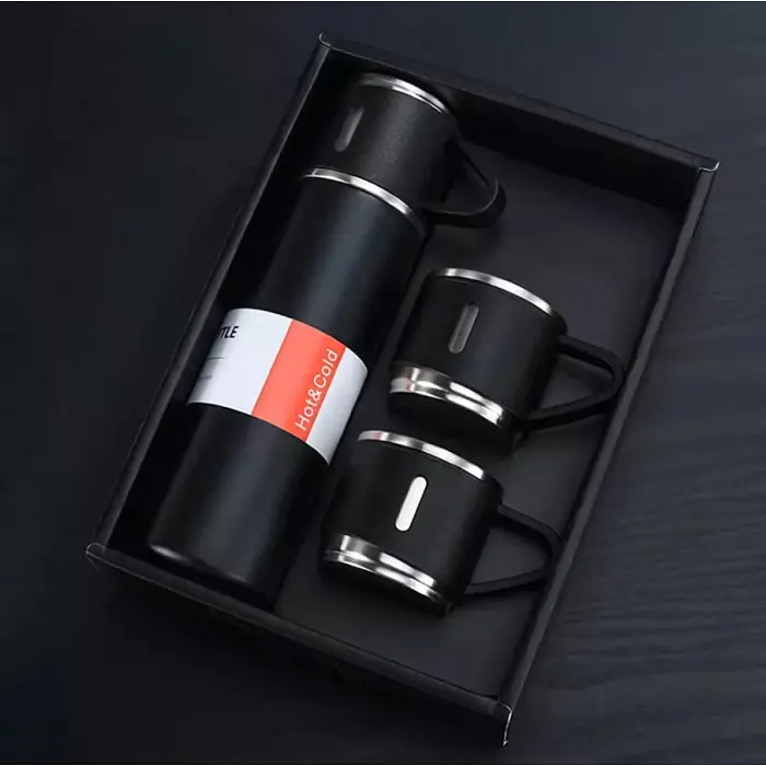 Подарунковий набір Vacuum Flask SET, термос з нержавіючої сталі 500 мл та 3 чашки чорний - фото 2
