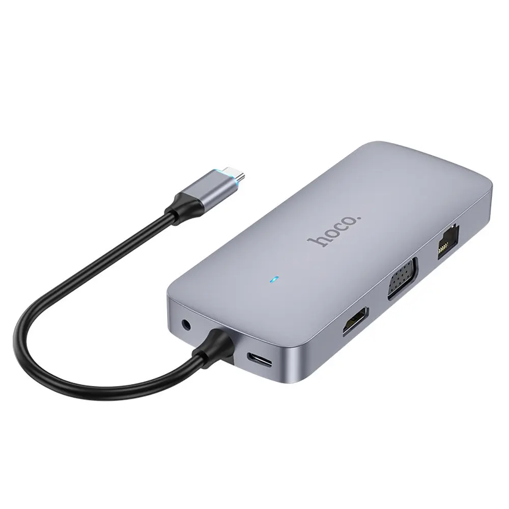 Мульти адаптер хаб Hoco HB33 10в1 Type-C to USB 3.0/ 2 USB 2.0/ Type-C/ HDMI/ VGA/ RJ45/ AUX/ SD/ TF PD 100W 0.18m серый - фото 6