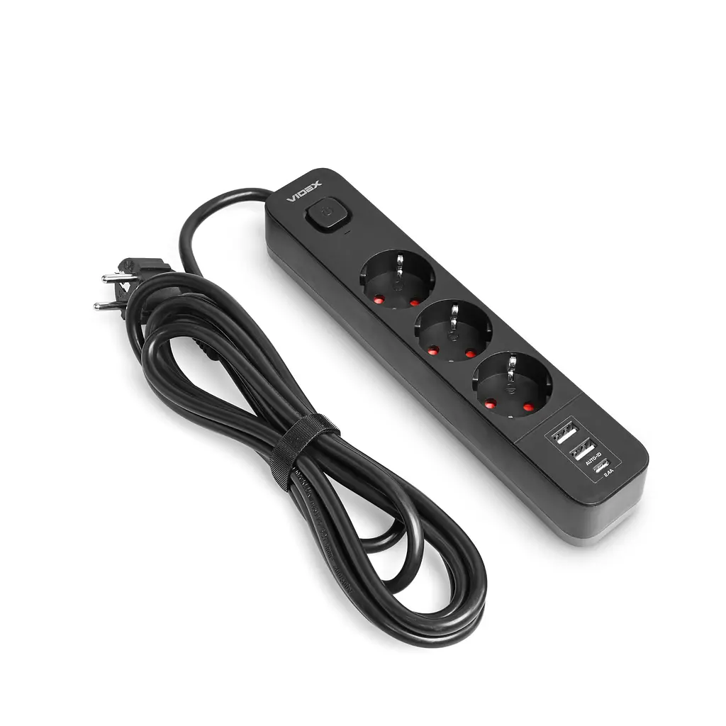 Мережевий подовжувач VIDEX ONCORD з/з 3п 3м (3x1.5мм) 2.4А 2USB+USB-C з кнопкою Black VIDEX (27694-000) - фото 2
