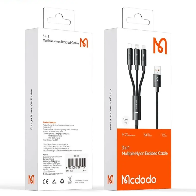 Кабель McDodo 3 in 1 USB-A to USB-C+Lightning+Micro USB Data Cable 1.2M CA-5790 Black - фото 2