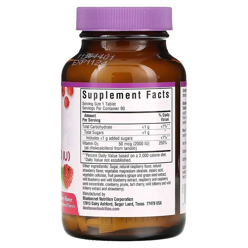 Вiтамiн D3 Bluebonnet Nutrition Earth Sweet Chewables Vitamin D3 зі смаком малини 50 мкг 90 жувальних пігулок - фото 2
