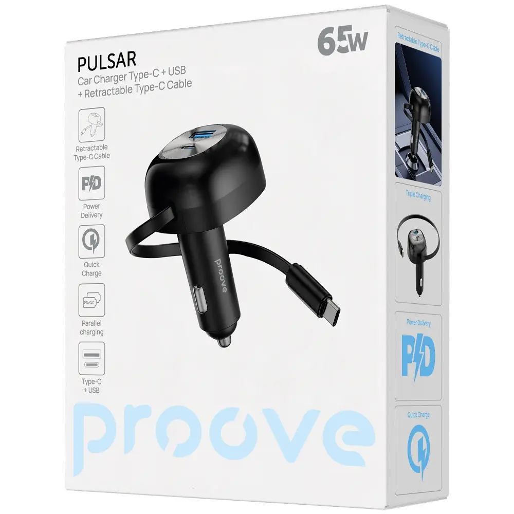 АЗП Proove Pulsar 65W (Type-C + USB) + Retractable Type-C Cable - фото 2