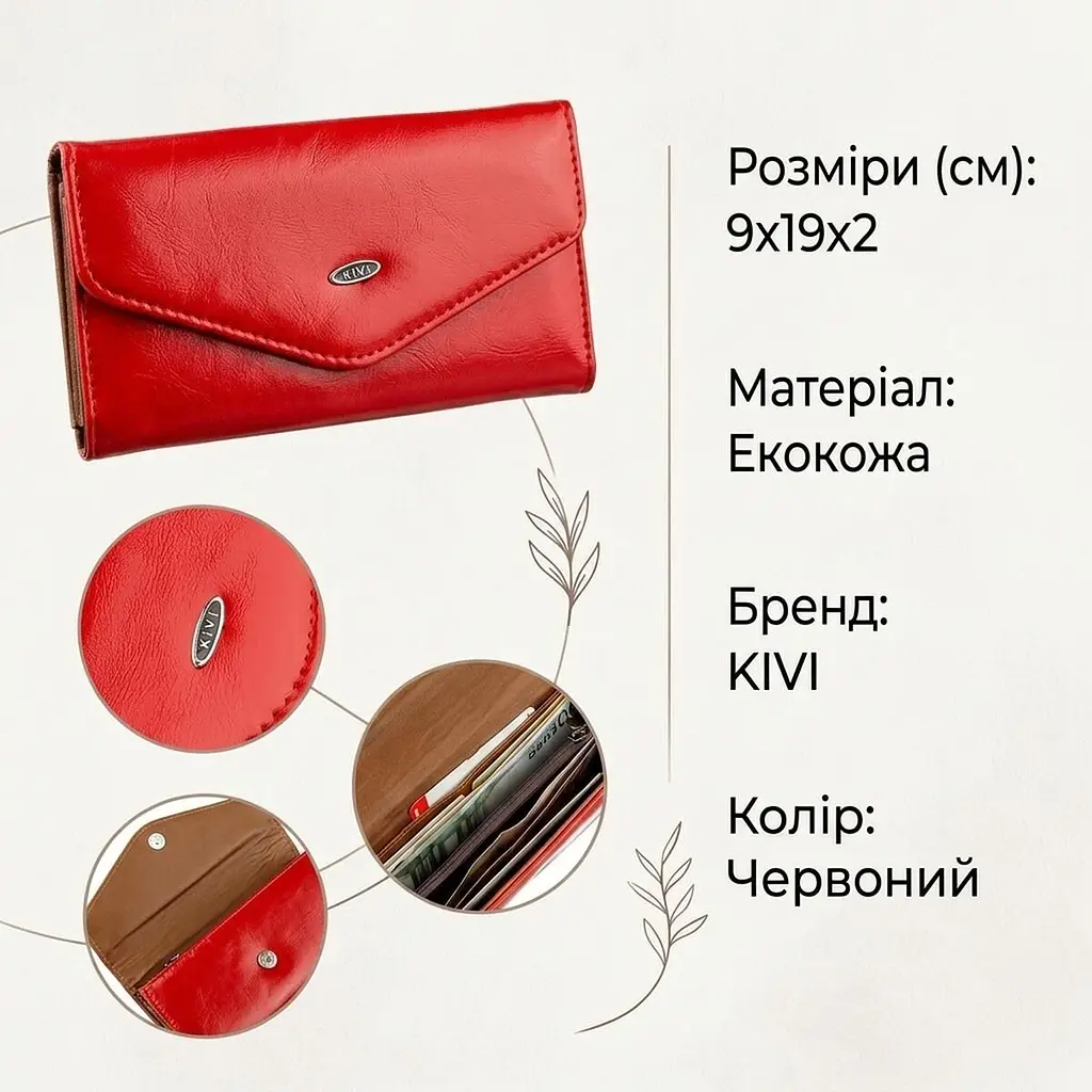 Гаманець жіночий конверт із гладкої екошкіри KIVI 19069 червоний - фото 3