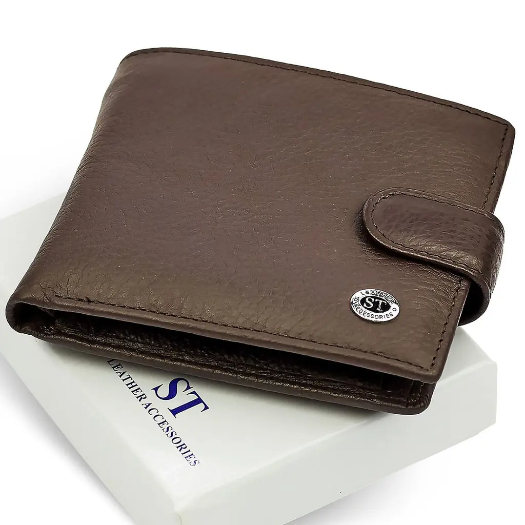 Шкіряне чоловіче портмоне на кнопці ST Leather ST104 коричневе 9,5 см - фото 3