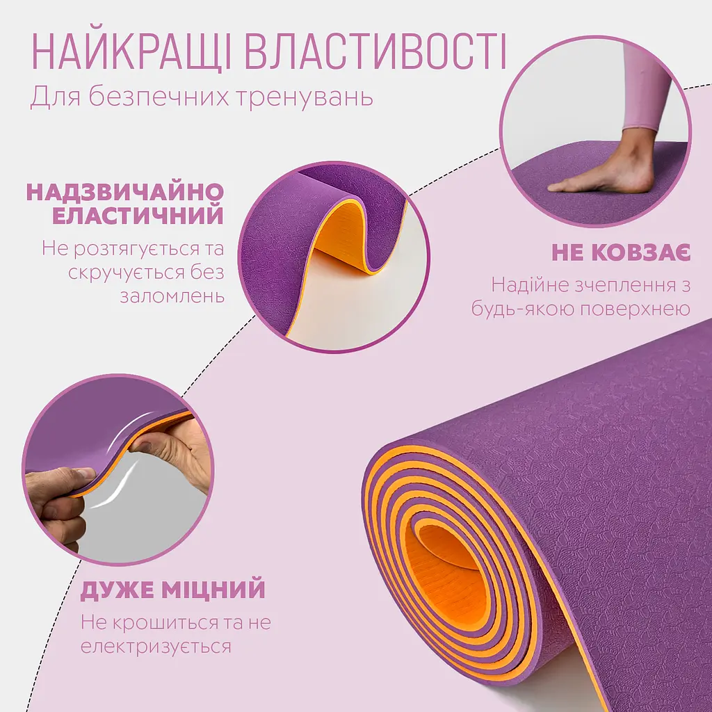 Килимок для йоги та фітнесу EasyFit TPE+TC 6мм двошаровий фіолетовий-помаранчевий - фото 3