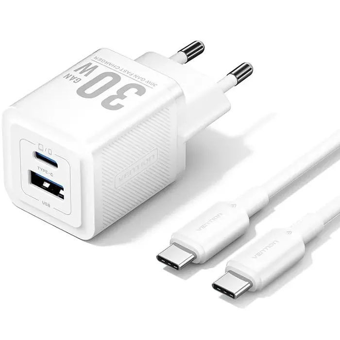 Зарядний пристрій 2xUSB 30W (USB-A/USB-C) + USB-C cable М-М White Vention - фото 2