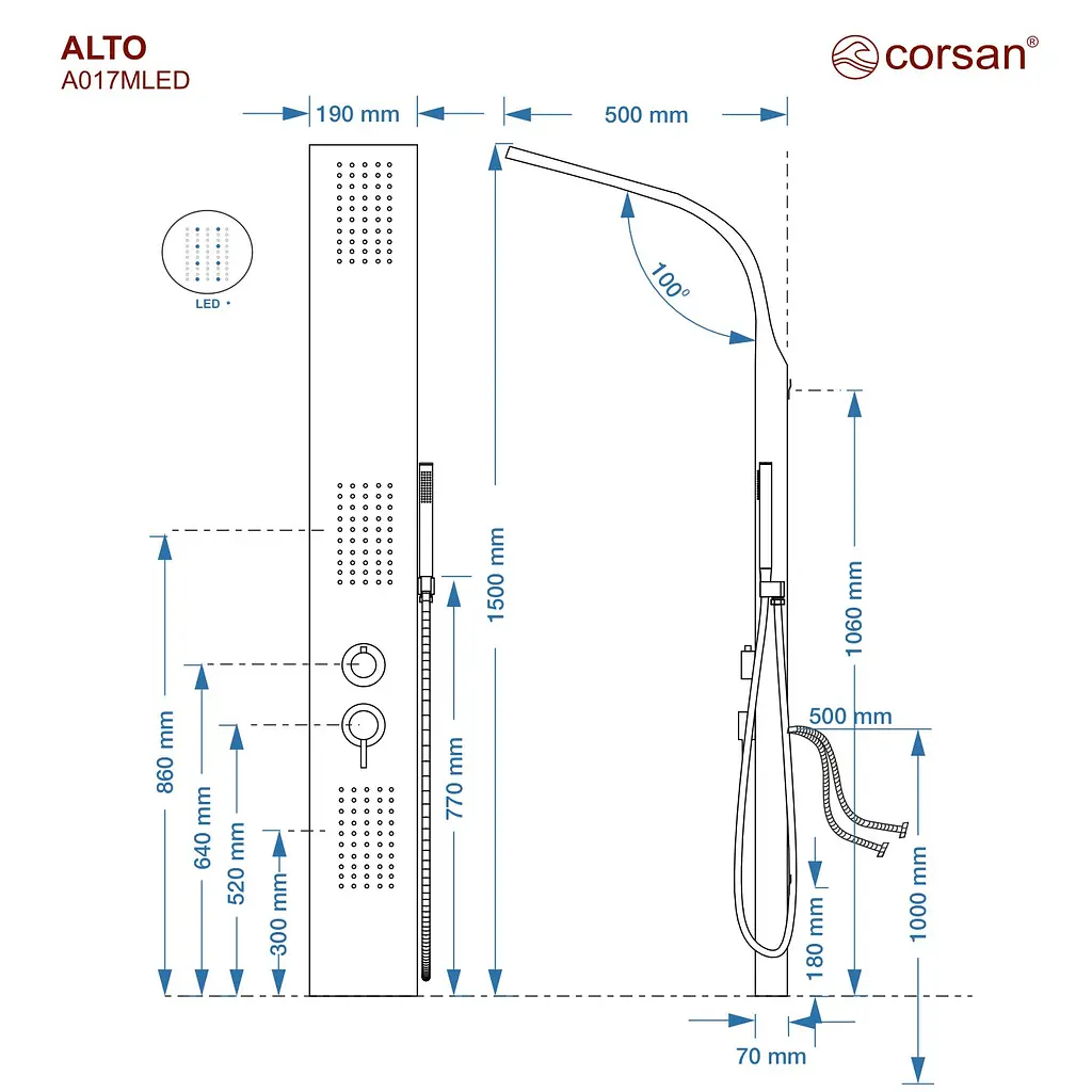 Душова панель Corsan Alto black LED A017MBLLED, Чорний матовий - фото 6