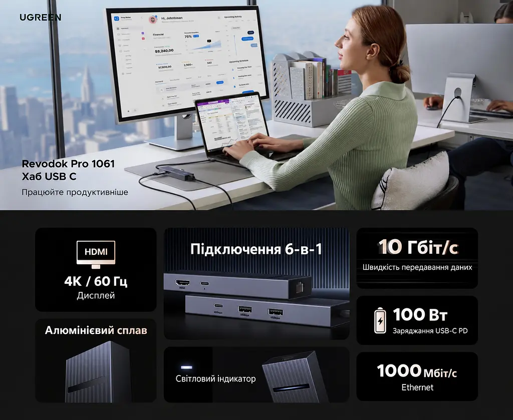 Док-станція UGREEN Revodok Pro CM828 хаб з підключенням до комп’ютера через USB-C 6 в 1 відеовихід HDMI 4K 60 Гц 2 USB-A та 1 USB-C для даних до 10 Гбіт/с Ethernet RJ45 до 1000 Мбіт/с вхід живлення USB-C PD 3.0 до 100 Вт із наскрізним заряджанням ноутбука до 85 Вт для HDMI потрібен USB-C комп’ютера з підтримкою відеовиходу дублювання екрана та розширення робочого столу з індикатором роботи вбудований кабель 0,3 м космічний сірий (45364) - фото 4