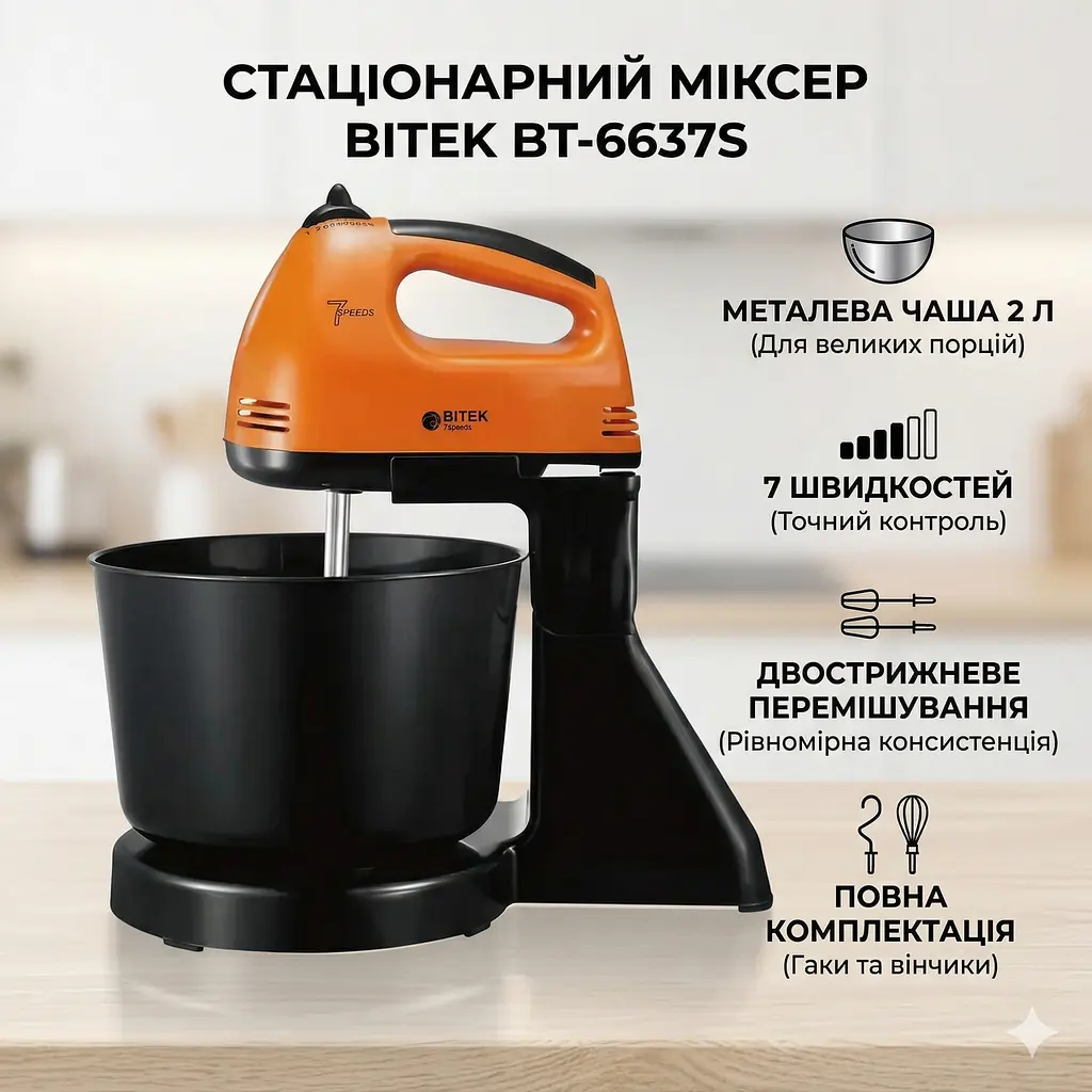 Міксер стаціонарний із металевою чашею BITEK BT-6637S 250 Вт Кухонний електричний міксер Жовтогарячий - фото 2