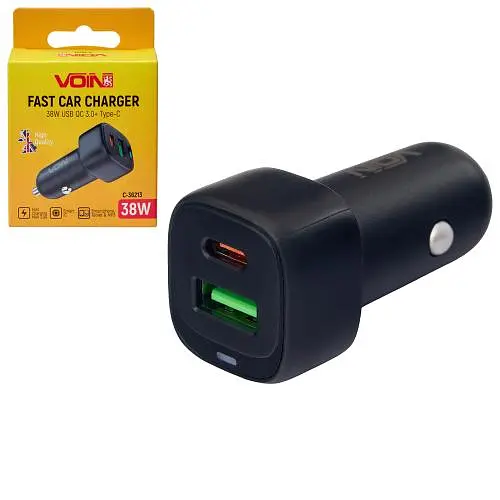 Автомобільний зарядний пристрій VOIN 38W, 1USB QC3.0 18W + 1PD 20W, 12/24V