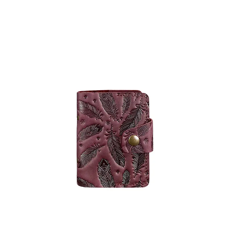 Жіночий шкіряний кард-кейс 7.1 (Книжечка) бордовий з пір'ям - фото 7