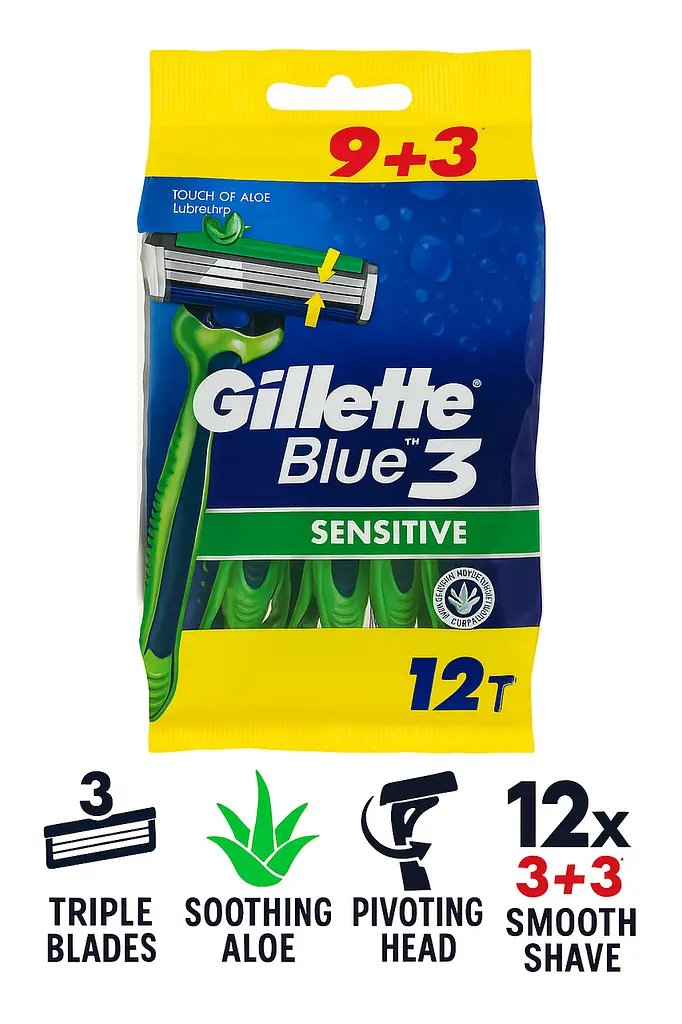 Одноразові станки Gillette Blue3 Sensitive 9+3 12 штук 3 леза з алое для чутливої шкіри - фото 4