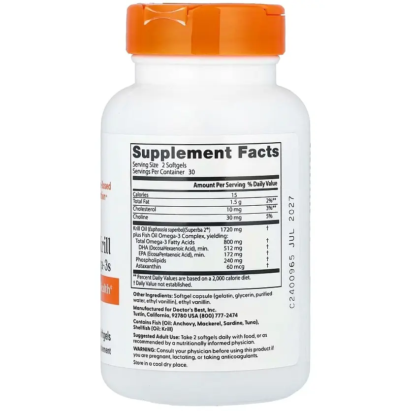 Риб'ячий жир з криля з DHA і EPA Doctor's Best Enhanced Krill 1720 мг 60 капсул (DRB-00234) - фото 2