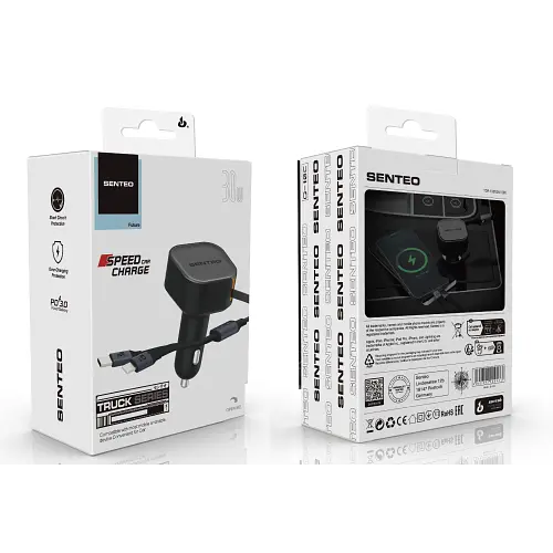 АЗП Senteo Q-10C Truck Series Retractable UCB-C+Lighting cable PD3.0 3A 30W Black - фото 2