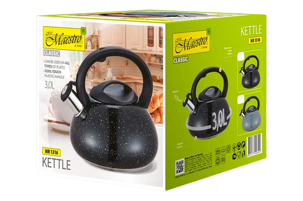Чайник со свистком нержавеющая сталь Maestro MR-1316-BLACK на 3.0 л капсульное дно для всех типов плит черный - фото 2
