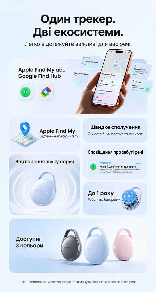 Bluetooth-трекери для пошуку речей Vention SpotTag Pop набір із 4 трекерів AirTag пошукові мітки Apple Find My або Android Find Hub звуковий пошук 80 дБ сповіщення про залишені речі в Apple Find My зі спільним доступом виклик звукового сигналу через Siri зі змінною батареєю CR2032 захист від бризок IPX4 до 1 року роботи батареї 8 наліпок у комплекті сірі (KQXH0-4) - фото 15