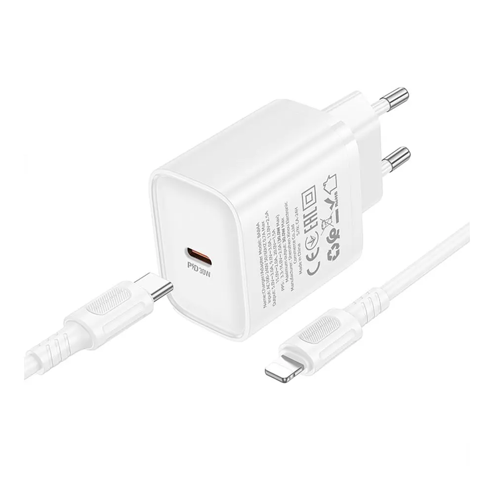 Мережевий зарядний пристрій Borofone BA84A Single port fast charger set 1USB-C PD/QC 30W Type-C to Lightning 1 м White (36178_3606877) - фото 3