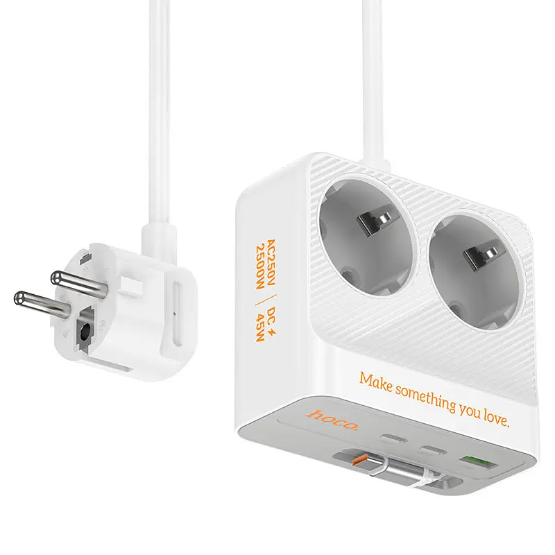 Мережевий фільтр HOCO AC28A на 2 розетки + 1 USB + 3 USB-C, 45W, 220В, кабель 2м, White, Box - фото 4