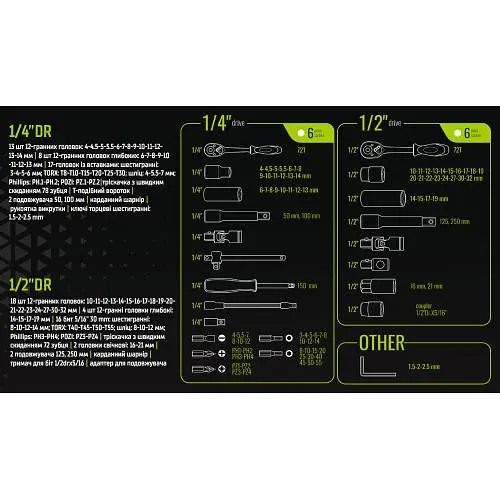 Універсальний набір інструменту Alloid 1/4" & 1/2" 94 шт (6 гран) Тріскачки 72 зубів (TS-94) - фото 5