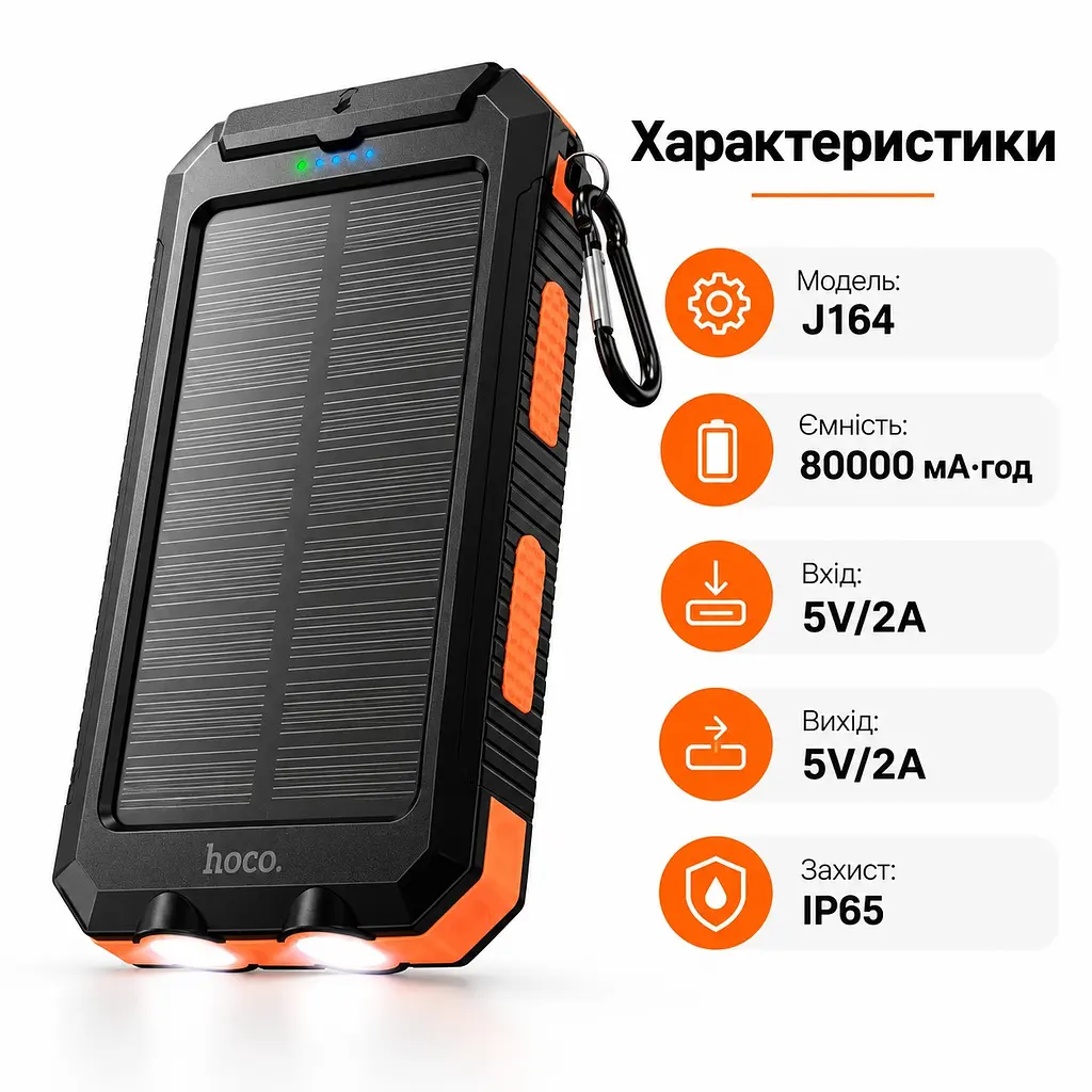 Зовнішній акумулятор Power Bank Hoco J164 на  8000 mAh з сонячною панелью та подвійний ліхтар USB-A та USB-C USB  - фото 3