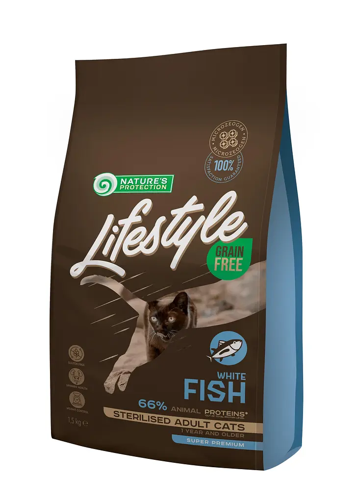 Сухий беззерновий корм для стерилізованих котів Nature's Protection Lifestyle White Fish Sterilised, риба 1.5 кг
