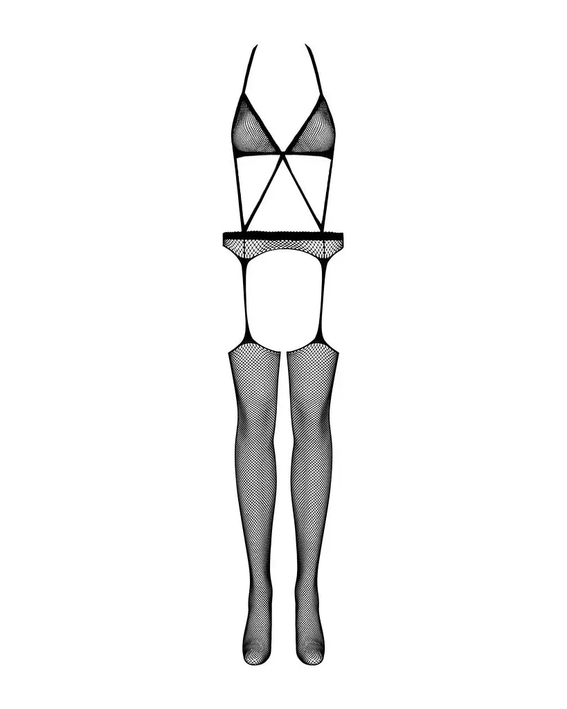 Сетчатый бодистокинг с имитацией топа пояса и чулок Obsessive Bodystocking N108 черный комб S/M/L - фото 5
