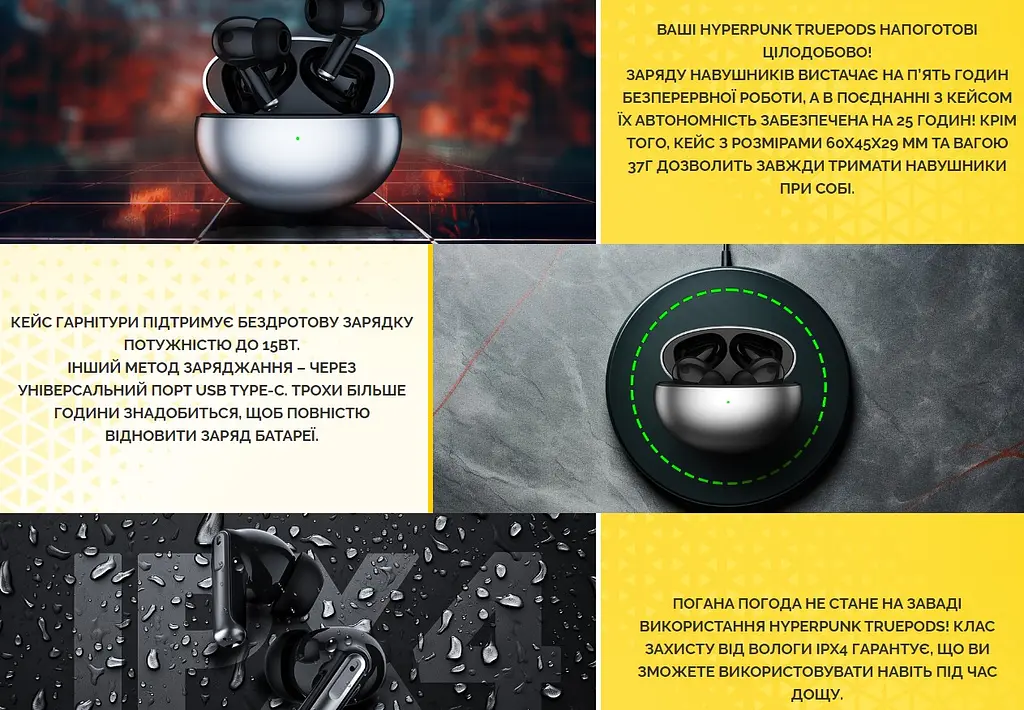 Бездротові Bluetooth 5.3 навушники з мікрофоном HATOR HTA430B TWS Hyrrpunk Truepods SyncHUB Black-Gray - фото 8