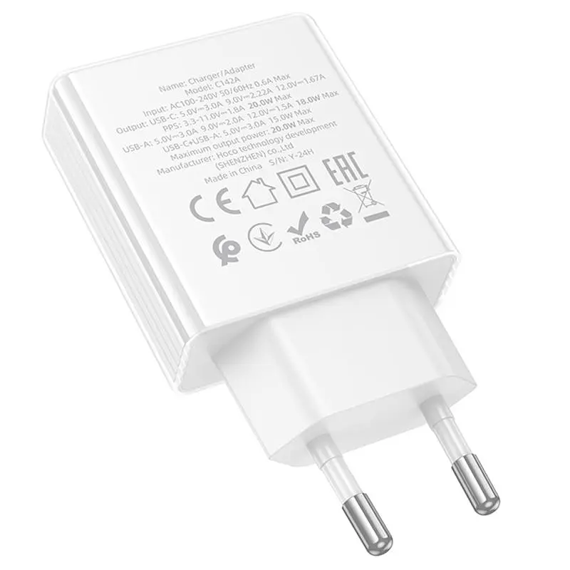 МЗП Hoco C142A Direct PD20W+QC3.0 (1USB-A/1C) White - фото 4