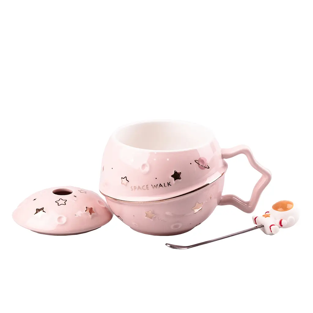Чашка керамическая Happy Life Астронавт с крышкой и ложкой розовая 400 мл HPCY8282P - фото 2