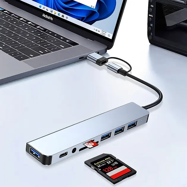 Металевий USB HUB 9-в-1 - Type-C, USB 3.0, SD/TF, PD, AUX, Сірий - фото 2