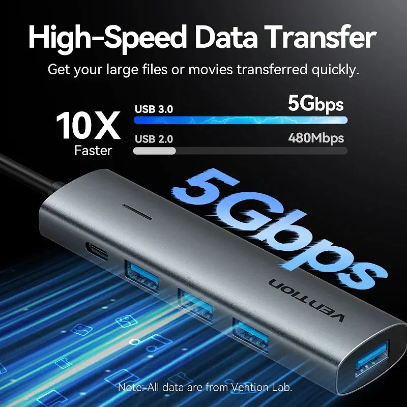 Хаб USB 3.0 Type-C -> 4xUSB 3.0/1xUSB-C, 5Gbps, Чорний Vention - фото 6