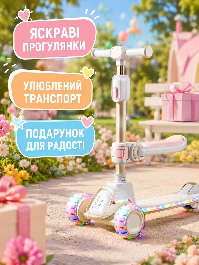Дитячий самокат триколісний 2в1 білий із сидінням підсвічуванням коліс і музикою (49675958) - фото 7