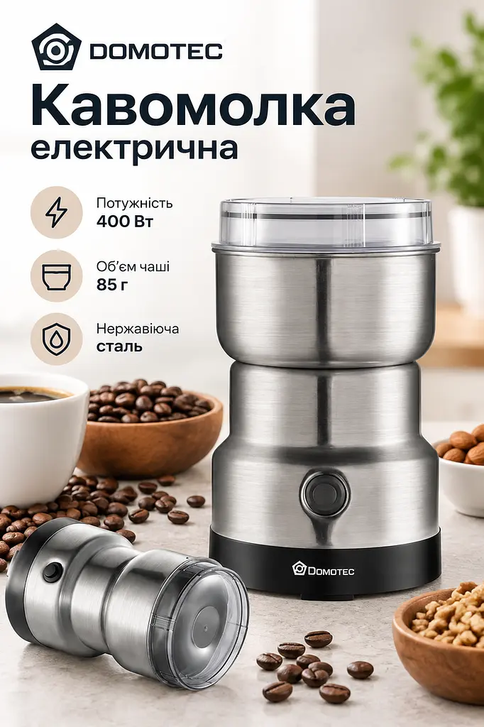 Кавомолка електрична для кави горіхів Domotec MS-7113 електрокавомолка мережева 400 Вт ніж із нержавіючої сталі та чаша на 85 г подрібнювач зерен кави спецій круп для дому Сріблястий з чорним - фото 3