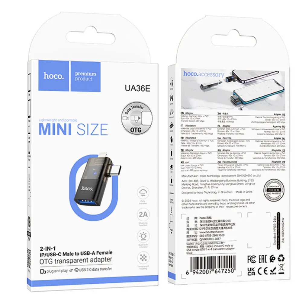 Адаптер Hoco UA36E iP male/Type-C male to USB female OTG 2-in-1 transparent adapter Black - фото 2