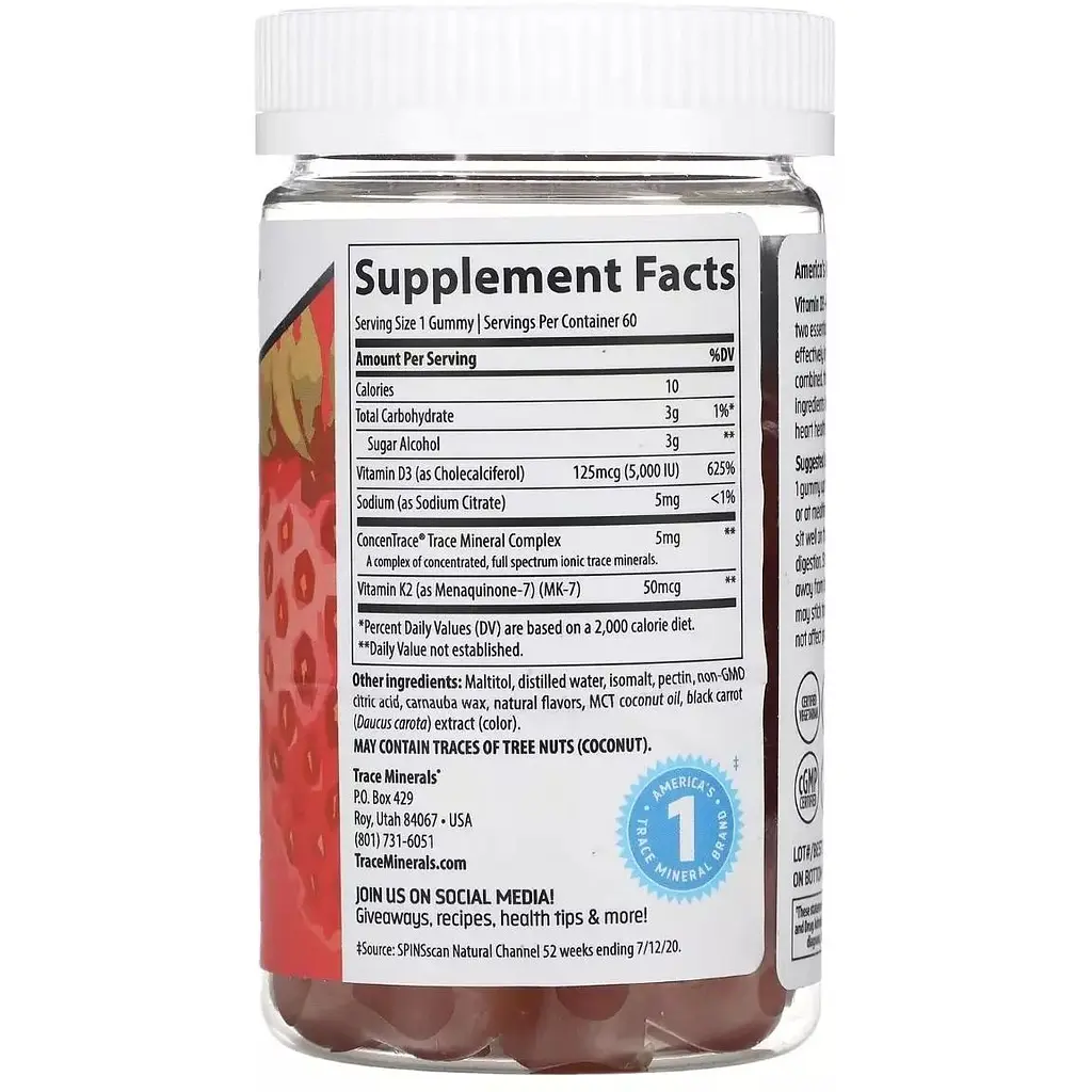 Вітамін D3 + K2 Trace Minerals Gummies зі смаком полуниці 60 цукерок - фото 2