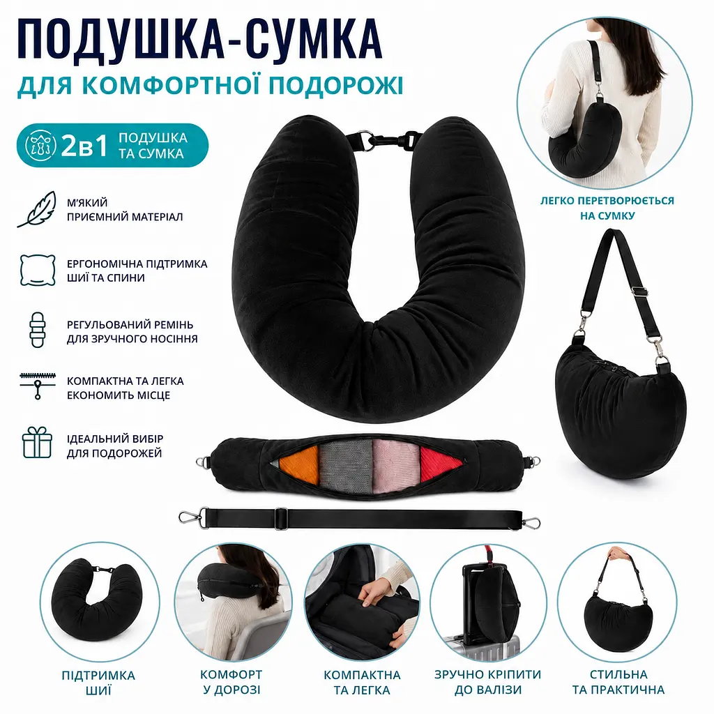 Подушка надувна для ніг 3-рівнева для подорожей + подушка для шиї - сумка-подушка - набір для літака поїзда та авто чорний - фото 3