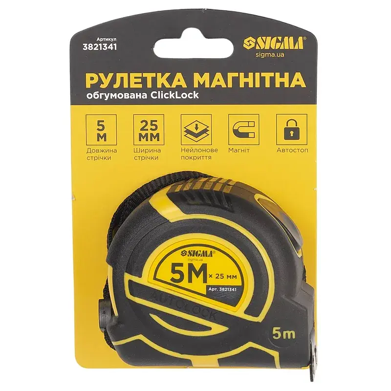 Рулетка магнітна обгумована ClickLock нейлонове покриття автостоп 5м×25мм SIGMA (3821341) - фото 8