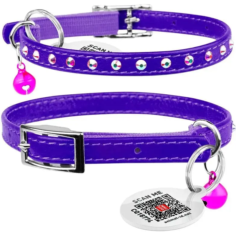 Ошейник для кошек Waudog Glamour кожаный с эластичной вставкой и стразами 22-30х0.9 см фиолетовый - фото 3