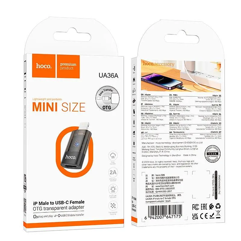Переходник Hoco iP male to c female OTG transparent adapter UA36A 480Mbps 2A - фото 2