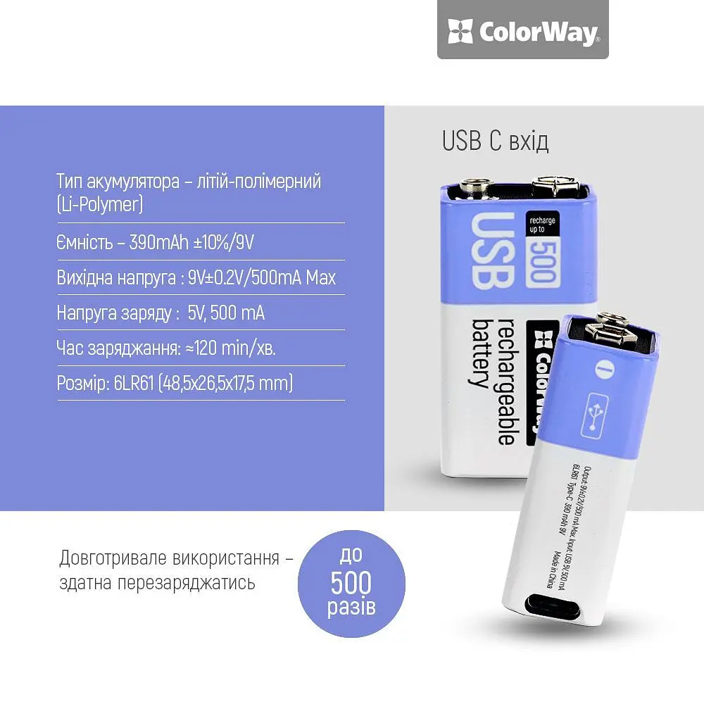 Акумулятор USB-C ColorWay Крона Li-Pol 390 mAh BL (CW-UB9V-06) - фото 4
